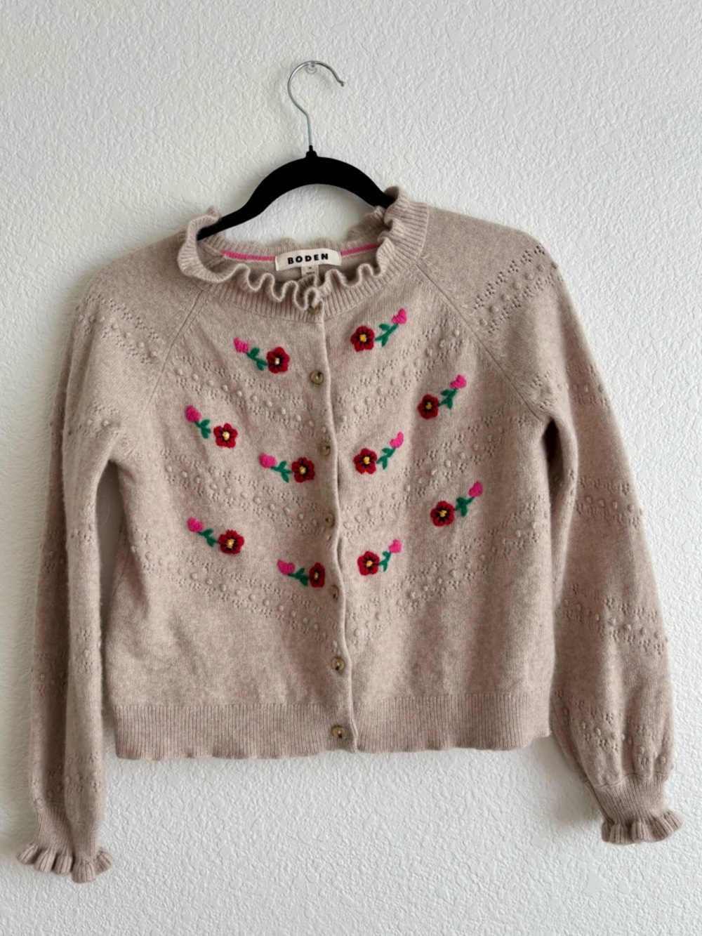 Boden Light Pink Fae Cardigan with Pink & Red Floral Embroidery